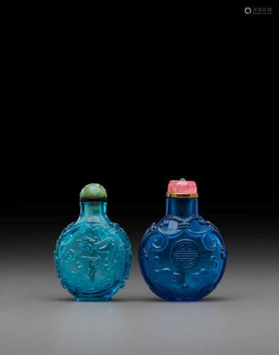 18th/19th century Two blue glass 'dragon' snuff bottles