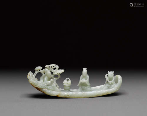 A celadon jade tree-trunk raft carrying immortals