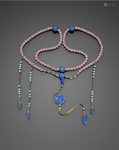 Late Qing dynasty A rose quartz, lapis and turquoise court necklace, chao zhu