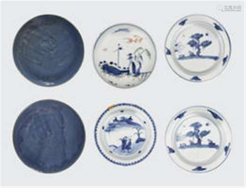 Late Ming/Transitional period A group of six export porcelain saucer
dishes with cobalt decoration,Late Ming/Transitional period A group of six export porcelain saucer
dishes with cobalt decoration