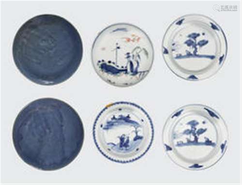 Late Ming/Transitional period A group of six export porcelain saucer
dishes with cobalt decoration,Late Ming/Transitional period A group of six export porcelain saucer
dishes with cobalt decoration