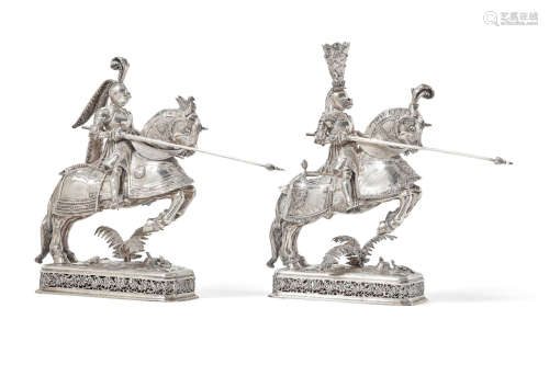 with the mark of B. Neresheimer & Sohne, Hanau, circa 1900  A pair of German 800 standard silver knights on horseback