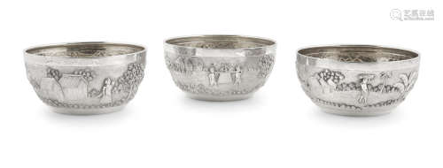 by Grish Chunder Dutt, Calcutta, India, Circa 1895  A fine set of three Indian repousse silver bowls
