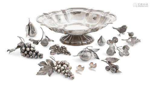 Each piece marked Buccellati, 20th century  AN ASSEMBLED ITALIAN STERLING SILVER CENTERPIECE BOWL WITH CORNUCOPIA OF FRUIT AND BIRDS