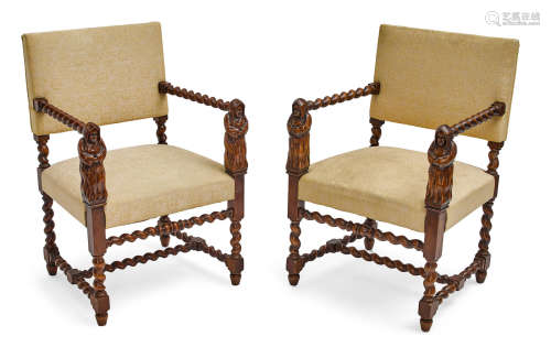 19th century A Pair of Continental Renaissance style walnut armchairs