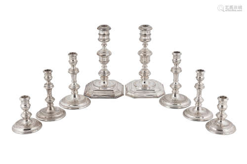by Asprey & Co., London, 20th century  Four English sterling silver pairs of candlesticks