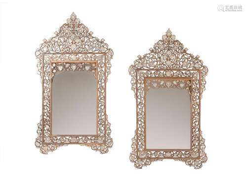 20th century A Pair of Levantine Inlaid Hardwood Mirrors