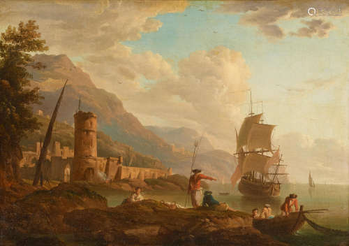 A mountainous coastal landscape with fisherman on a rocky outcrop, ships in a harbor and a fortress beyond 12 3/4 x 18 1/4in (32.4 x 46cm) Attributed to Adrien Manglard(Lyons 1695-1760 Rome)