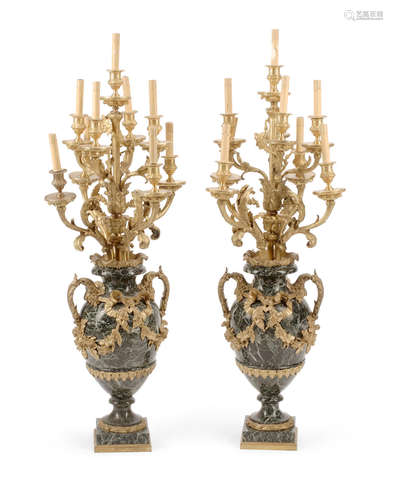 A Pair of Louis XVI Style Gilt Bronze Mounted Marble Nine Light Candelabra