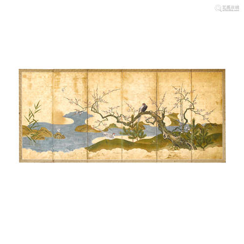 Late Edo Period A Japanese Six-Panel Paper Byobu Screen