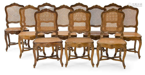 Mid 19th century A Set of Eleven Louis XV Style Walnut and Caned Dining CHairs