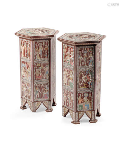 A Pair of Egyptian Revival Style Inlaid Hexagonal Side Tables