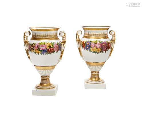 19th century A pair of Empire style Paris Porcelain Gilt and Polychromed Vases