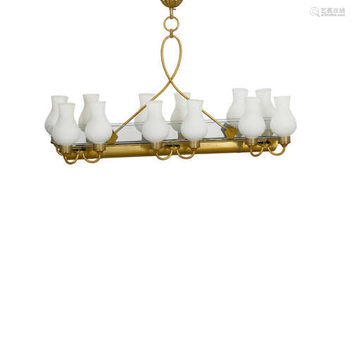 Circa 1940height 28in (71cm); width 42in (107cm); depth 12in (31cm)  A French brass, frosted and clear glass Twelve Light Chandelier