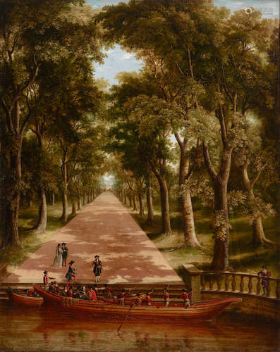 Elegant figures entering a park by boat 50 1/2 x 40in (128.3 x 101.6cm) English School(19th century)