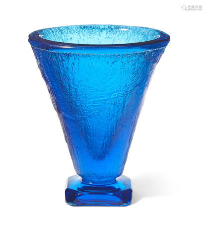 Circa 1925Signed 'DAUM NANCY FRANCE' with the cross of Lorraine.height 8 1/4in (21.2cm)  A Daum Frères acid etched cobalt blue glass vase