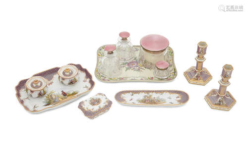 Silver by J.E. Blake & Co., early 20th century An Assembled Enamel and Engine Turned Sterling Silver and glass Dressing Table Set and a pink ground Porcelain Desk Set