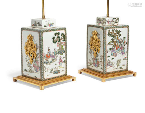 A Pair of bronze mounted Chinese porcelain covered jars mounted as lamps