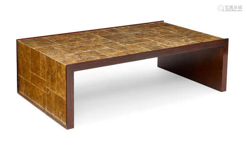 20th-21st centuryheight 15in (38cm); length 48in (122cm); depth 28 1/2in (72.5cm)  A Custom Plateau Grand Mica and Mahogany Coffee Table