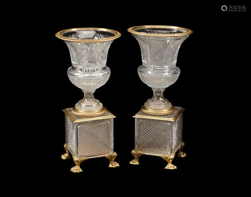 20th century A Pair of Russian Neoclassical Style Gilt Bronze Mounted Cut Glass Urns