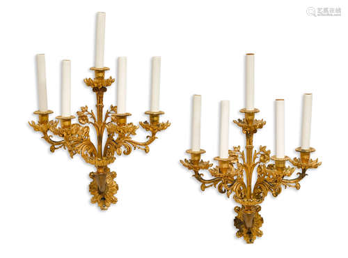 20th century A pair of Continental Neoclassical style gilt bronze five light sconces