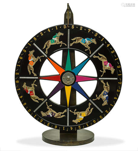 20th century A Lacquered and Painted Wood Racehorse Gambling Wheel