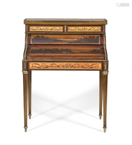 Late 19th century A Louis XVI style Gilt Bronze Mounted and Vernis Martin Decorated Mahogany Desk