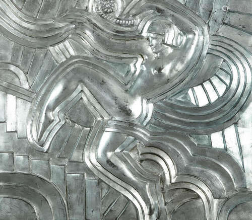 20th centuryheight 52 1/2in (134cm); width 47in (120cm); depth 2 1/2in (6.5cm)  An Art Deco Style Silvered Wood and Leather Panel