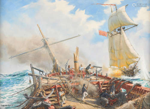 Stand into danger, H. M. S. Destiny vs. Privateer Heloise 20 x 28in (50.8 x 71.1cm) Geoffrey Huband(British, born 1945)