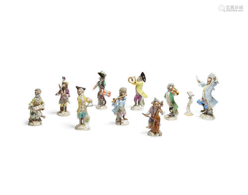 After the models by Johann Joachim Kändler (German, 1706-1775)20th century A Meissen porcelain nine piece monkey band