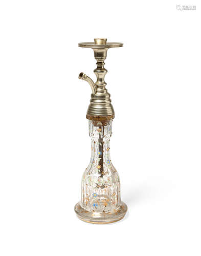 A Continental enameled glass and brass water pipe