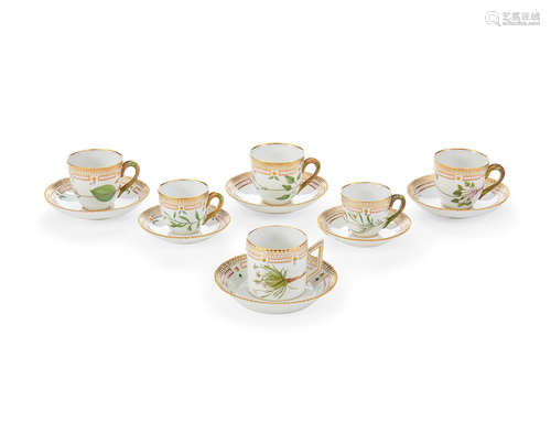 A group of Six Royal Copenhagen Flora Danica porcelain cups and saucers