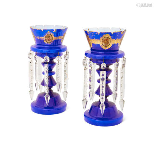 Late 19th century A Pair of Continental cobalt blue and clear glass girandoles