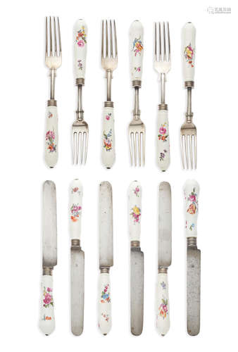 An Assembled set of twelve Meissen porcelain fork and knife handles