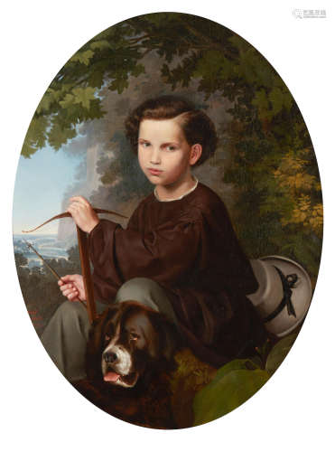 A portrait of a young man as a hunter with his dog 42 x 31 3/4in (106.7 x 80.7cm) German School(19th Century)