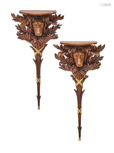 William P. Sullivan, 20th century A Pair of custom parcel gilt carved wood Hound wall brackets