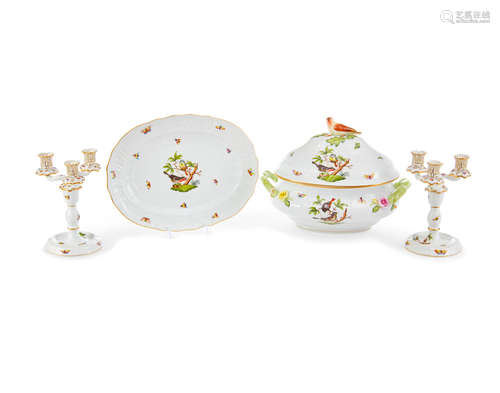 A Herend Porcelain covered tureen, platter, and a pair of candelabra in the Rothschild Bird Pattern