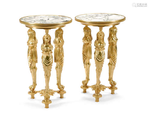 20th century A Pair of Neoclassical Style Marble Top Gilt Bronze Guéridons