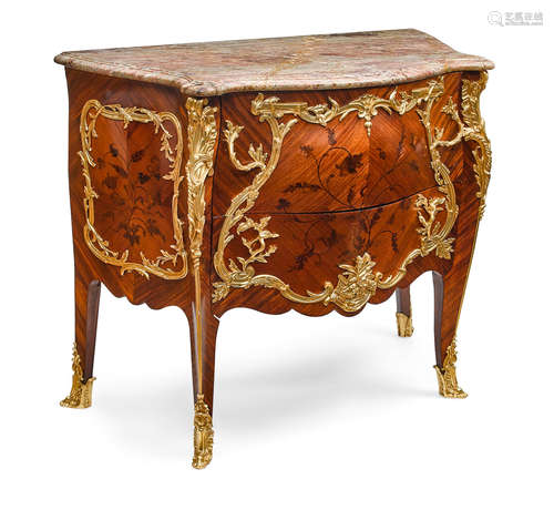 Francios Linke, second quarter 20th century A LOUIS XV STYLE GILT BRONZE MOUNTED AND MARQUETRY MARBLE TOP COMMOde