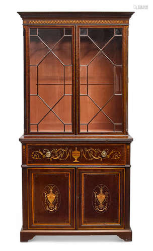 19th century A George III Style Marquetry Inlaid Mahogany Secretary Bookcase