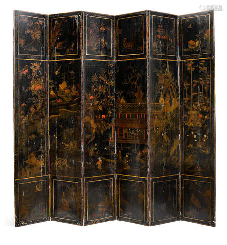 19th century A Chinese Polychrome Decorated and Black Lacquered Four-Panel Screen