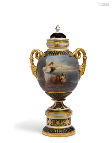 Fischer & Meig, 1875-1887 A Vienna style porcelain snake handled urn on stand with cover