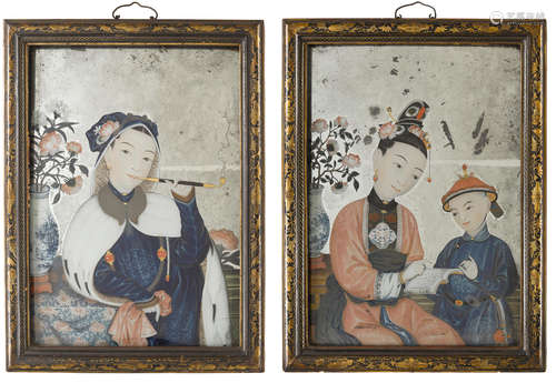 19th century TWO CHINESE EXPORT REVERSE-GLASS PAINTINGS