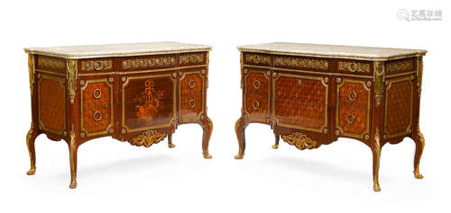 After a model by Jean-Henri Riesener, 20th century A Pair of Louis XV/XVI style marble top gilt bronze mounted marquery and parquetry inlaid commodes