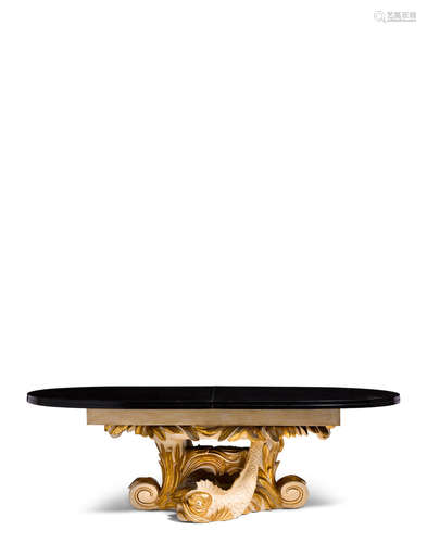 1930sheight 29 11/16in (75.1cm); length 98 5/16in (249.6cm); width 47 3/16in (119.8cm)  A Serge Roche Ebonized, Parcel Gilt and Polychromed Wood Dining Table