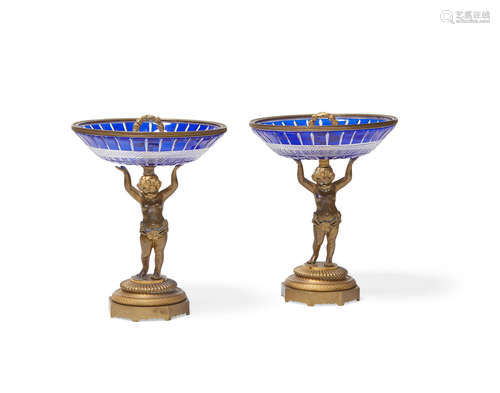 A pair of Neoclassical style blue cut to clear glass and bronze figural tazza