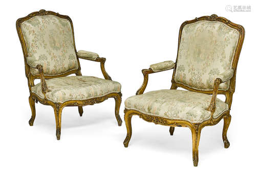 Late 19th century A pair of Louis XV style giltwood fauteuils à la Reine