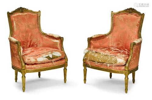 Fourth quarter 19th century A Pair of Louis XVI Style Giltwood Bergeres