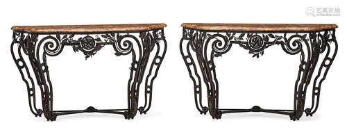 20th century Pair of French Marble Top Iron Consoles