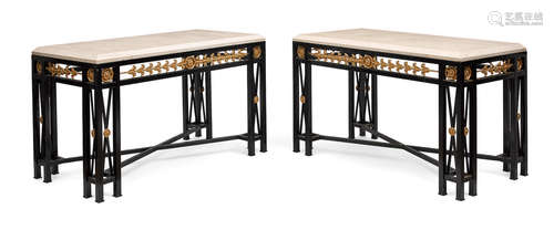 20th century A Pair of Art Deco style marble top parcel gilt black iron center tables